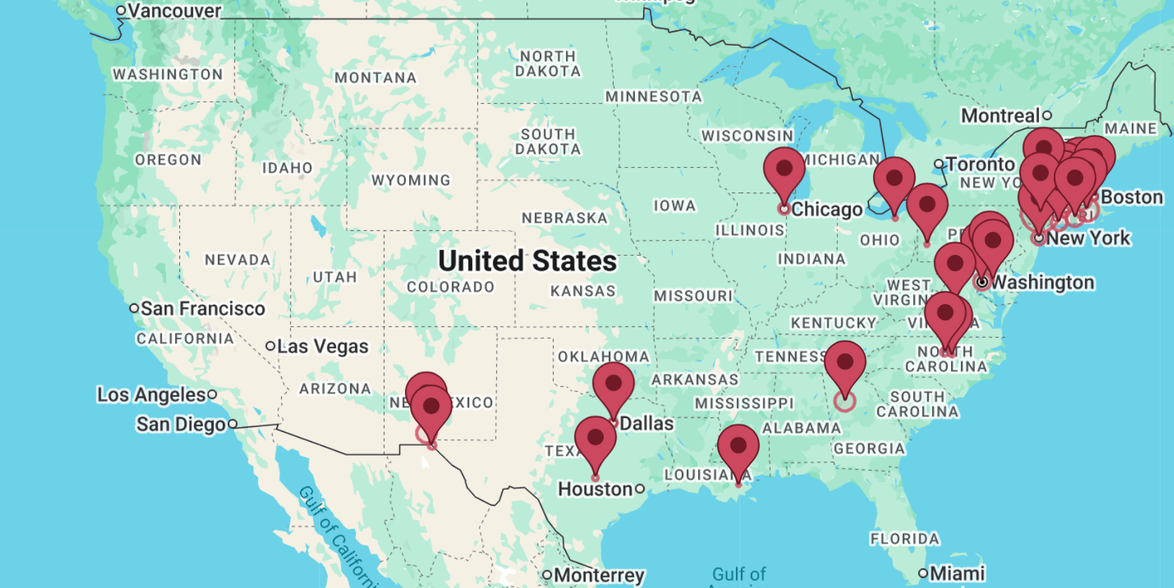 Map with pins representing Sourcery request locations.
